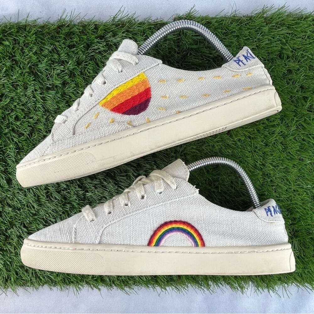 Anthropologie Soludos Sneakers Women's 9 Rainbow Embroidered Peace Out Canvas